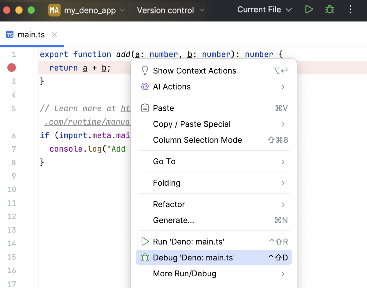 Debug a Deno app from the editor, context menu Debug a Deno app from the editor, context menu