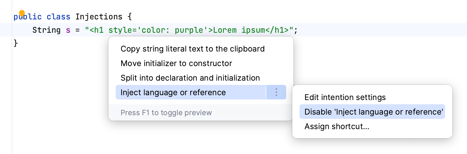 Disable intention action Disable intention action