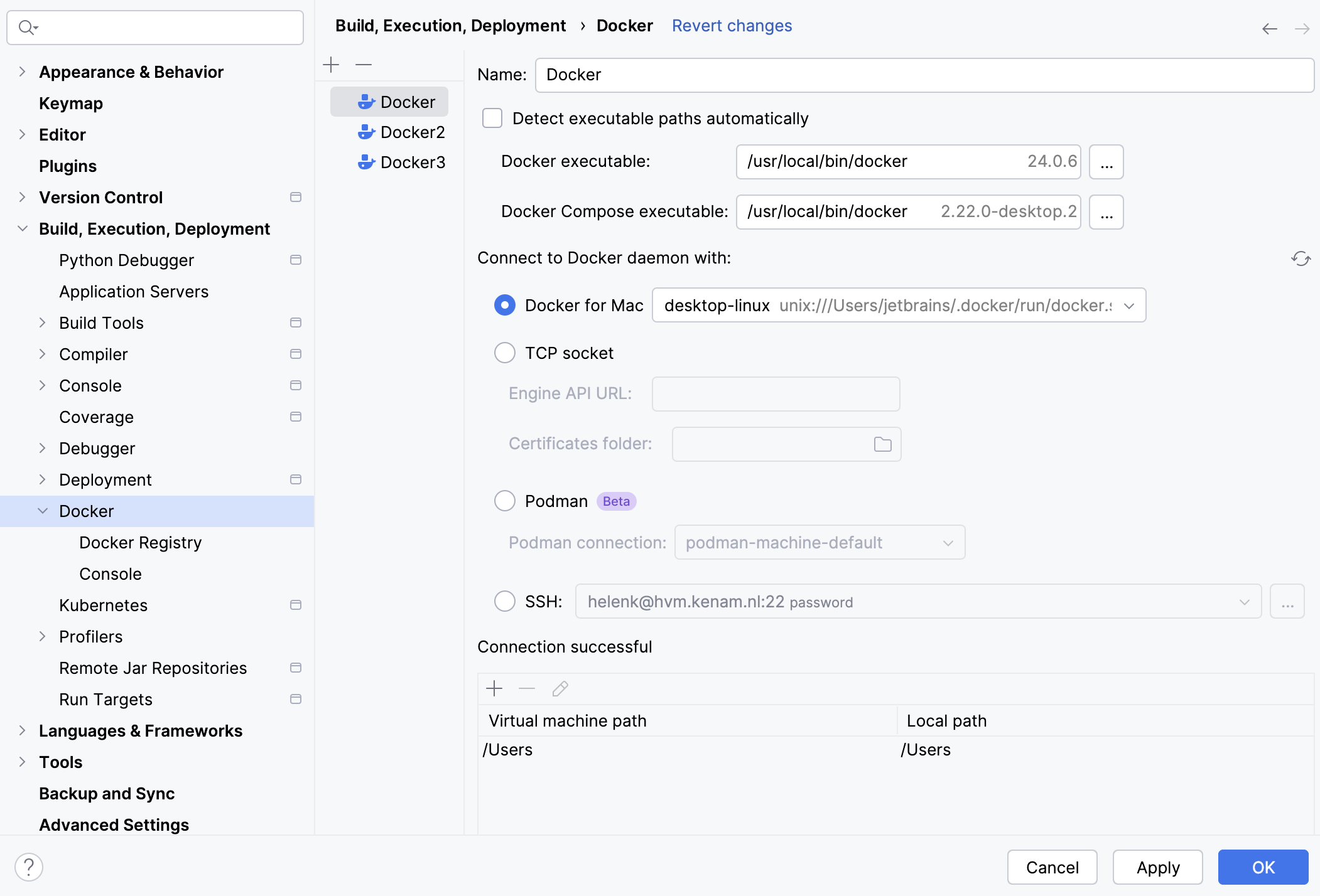 The Docker connection settings page The Docker connection settings page