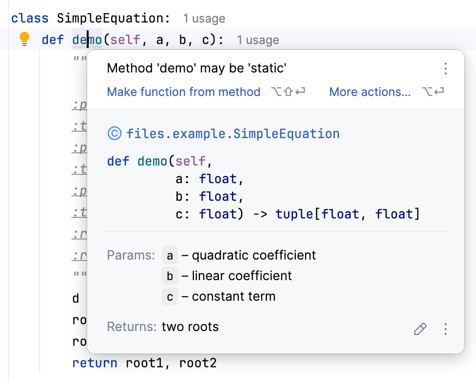 Docstrings in the quick documentation window