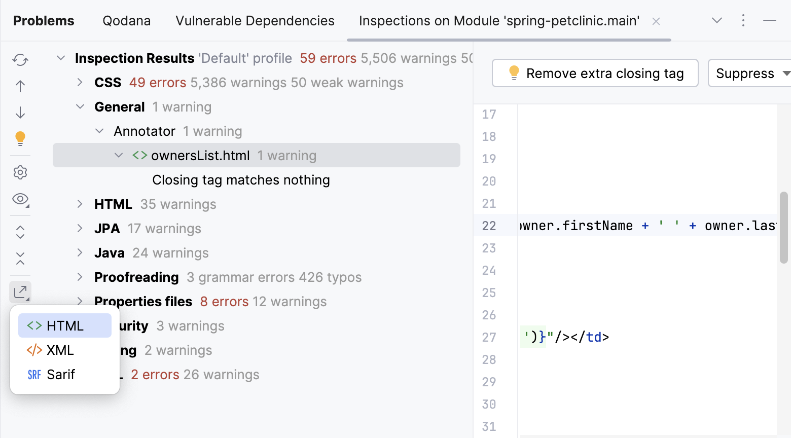 The Export button in the Inspection Results tool window The Export button in the Inspection Results tool window