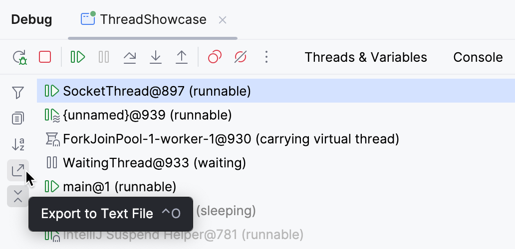 The 'Export to text file' button in thread dump viewer The 'Export to text file' button in thread dump viewer
