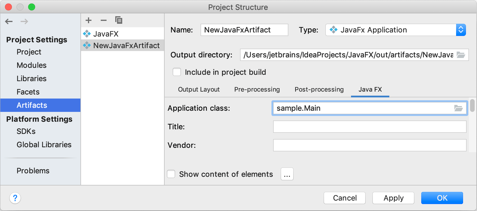 Creating a new artifact configuration: specifying the main class Creating a new artifact configuration: specifying the main class