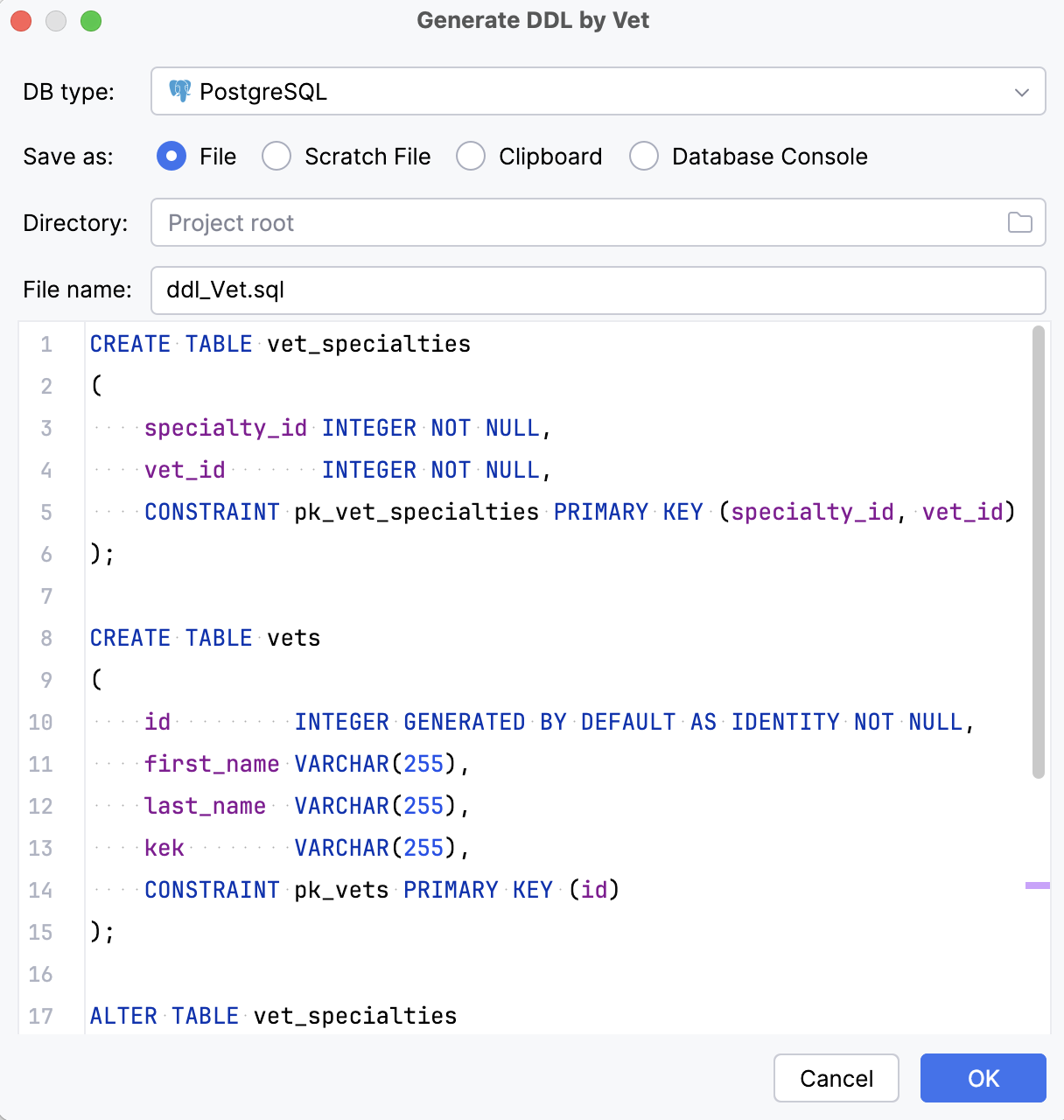 Generate DDL by Entity window Generate DDL by Entity window