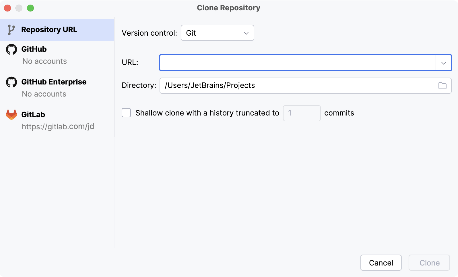Clone Repository dialog