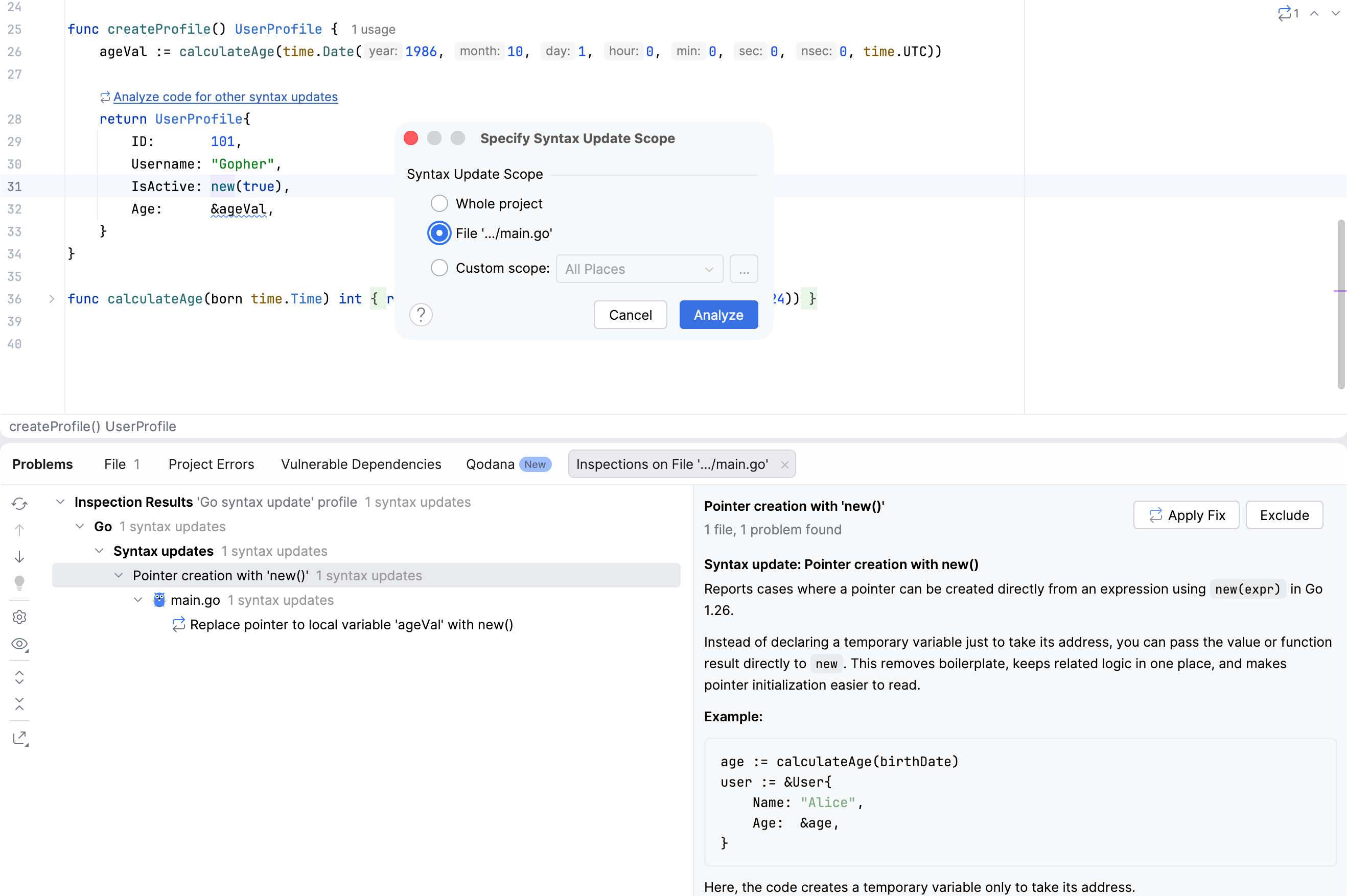 Analyze code for other syntax updates