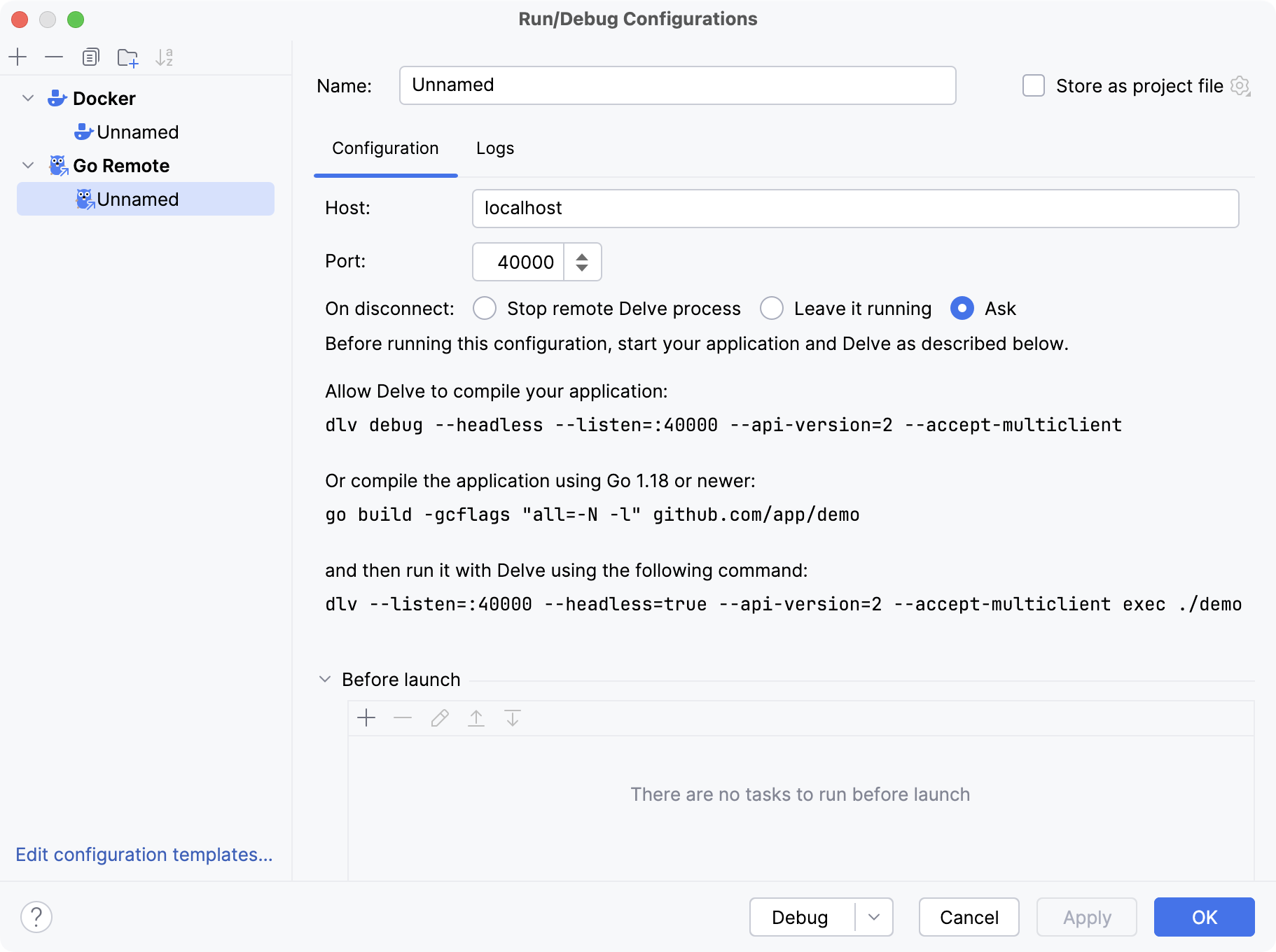 为 Docker 调试创建 Go Remote 运行/调试配置 为 Docker 调试创建 Go Remote 运行/调试配置