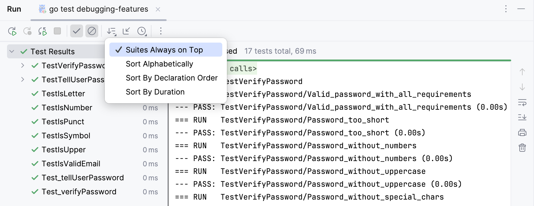 测试结果工具栏中的过滤测试结果选项 测试结果工具栏中的过滤测试结果选项