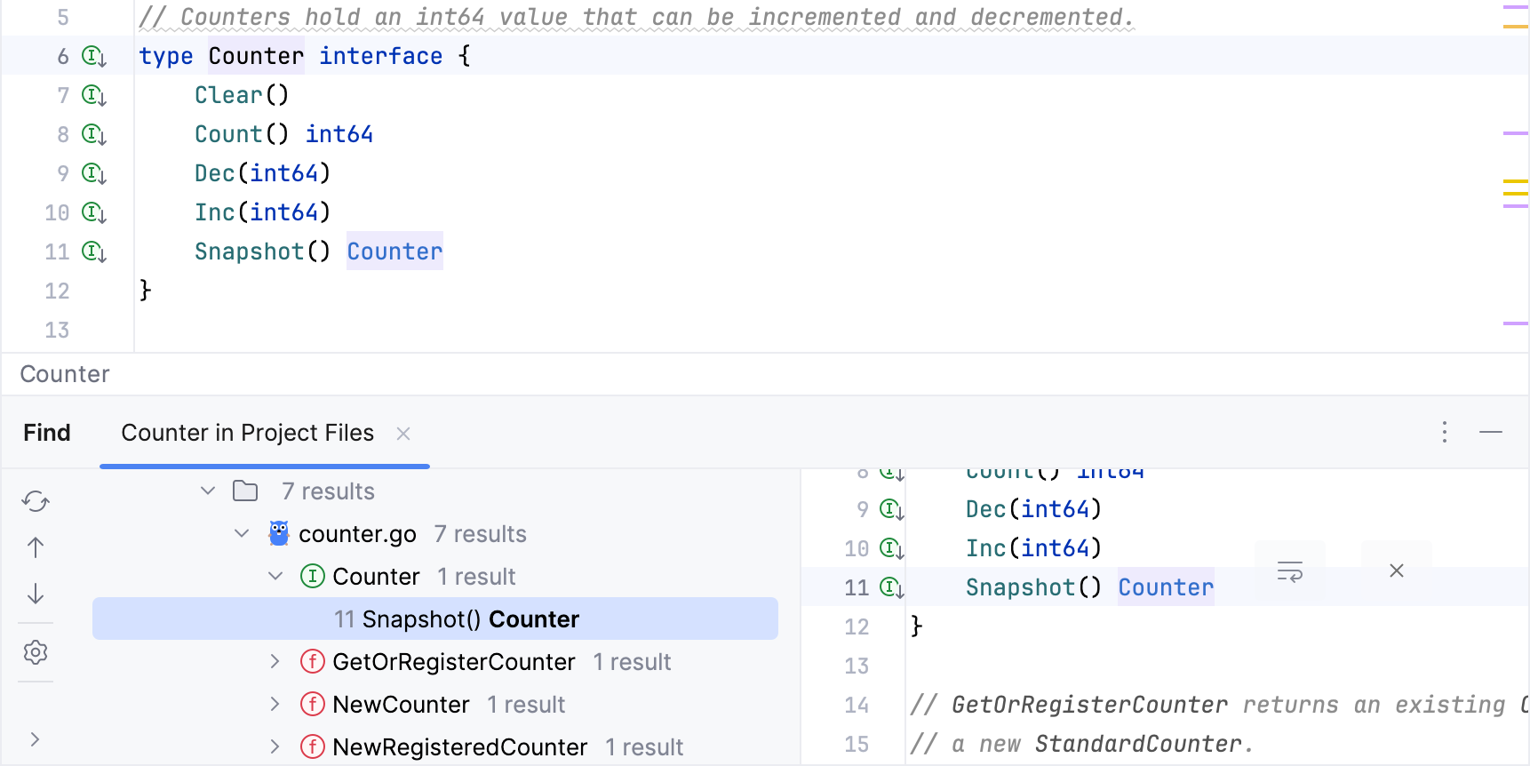 在 Find 工具窗口中找到的结果 在 Find 工具窗口中找到的结果
