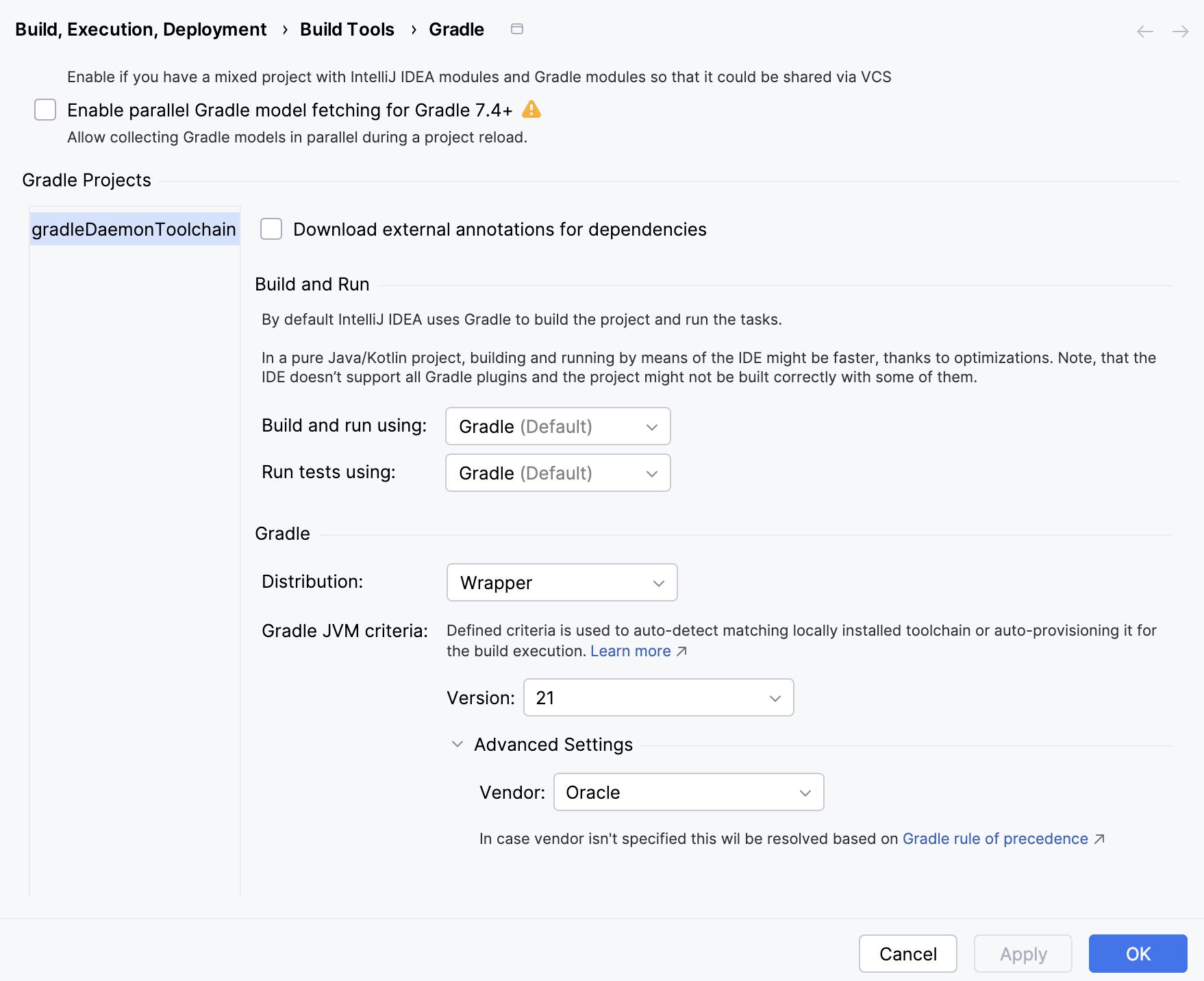 Gradle projects settings