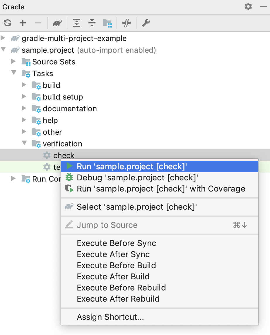 Gradle tool window: the context menu Gradle tool window: the context menu