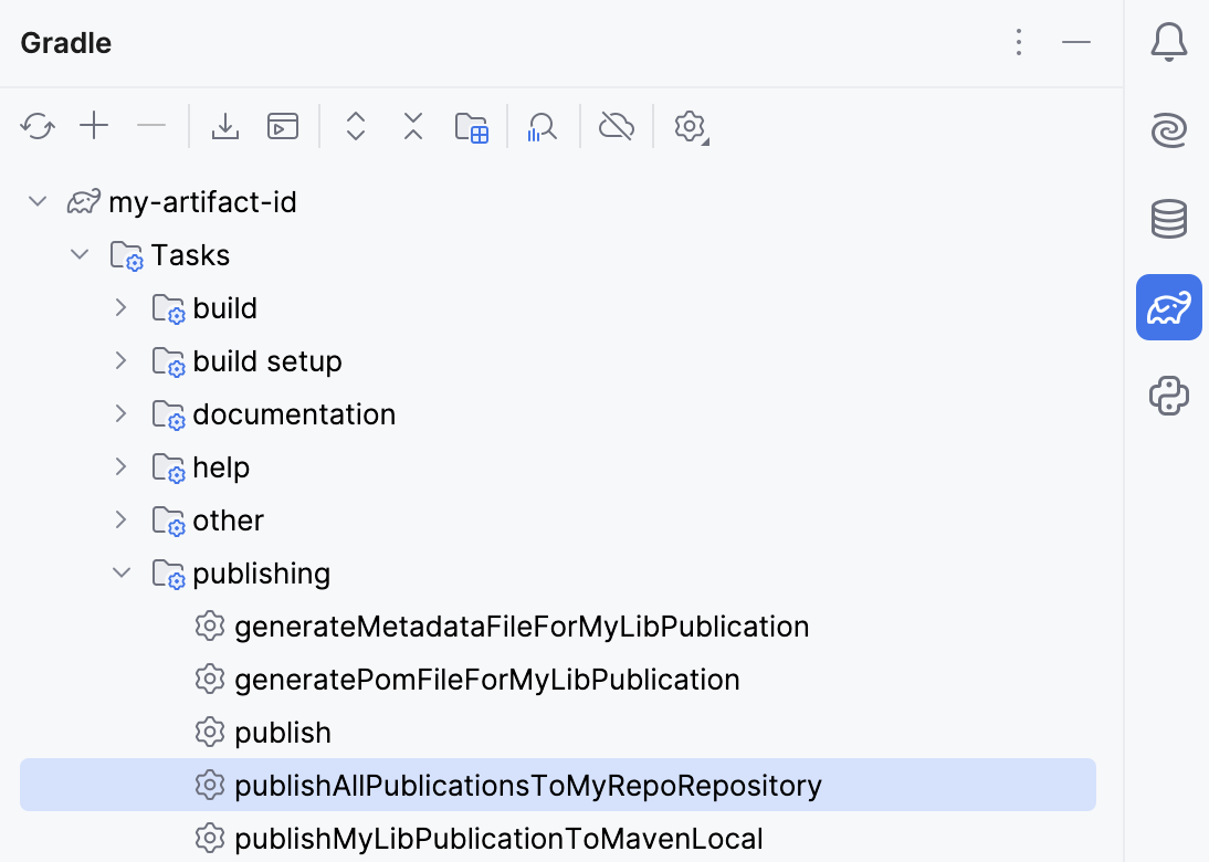 the Gradle tool window: publish task
