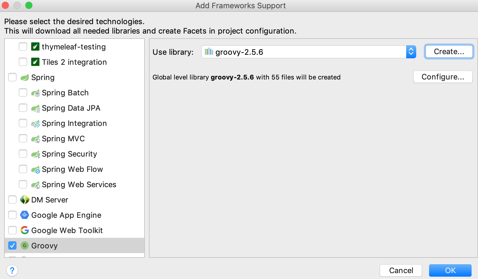 Add Framework Support dialog Add Framework Support dialog