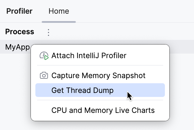 A menu opens on right-clicking a process in the Profiler tool window A menu opens on right-clicking a process in the Profiler tool window