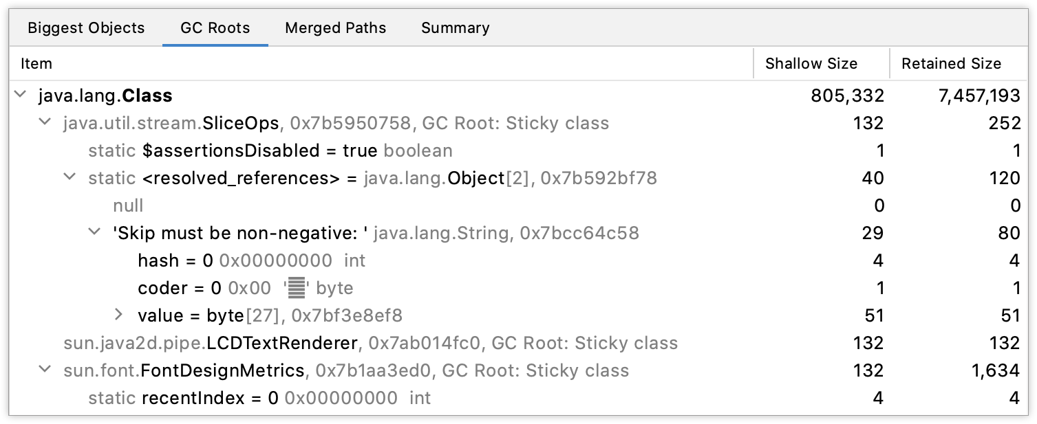 Information shown on the GC Roots tab Information shown on the GC Roots tab