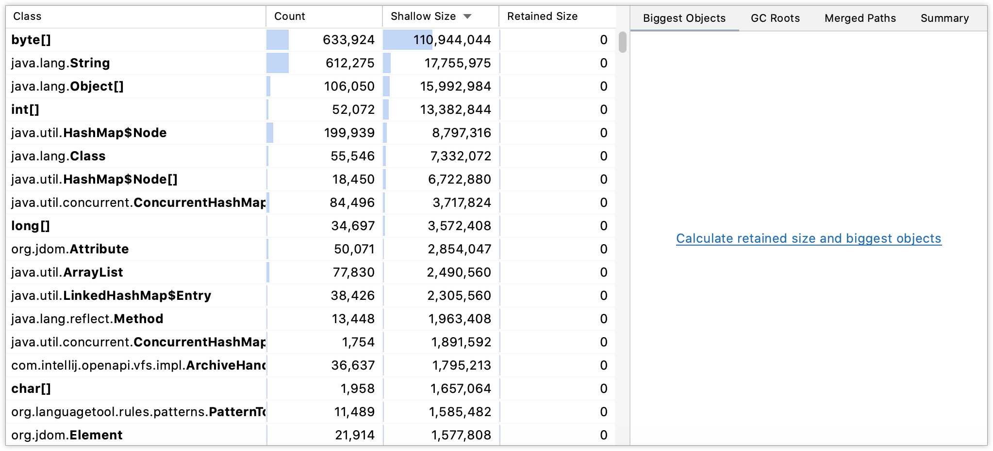 A memory dump file shown in the Profiler tool window A memory dump file shown in the Profiler tool window