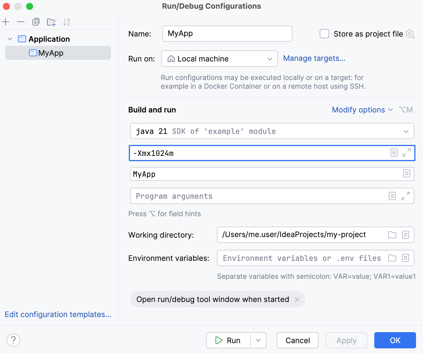 'VM Options' field in run configuration settings 'VM Options' field in run configuration settings