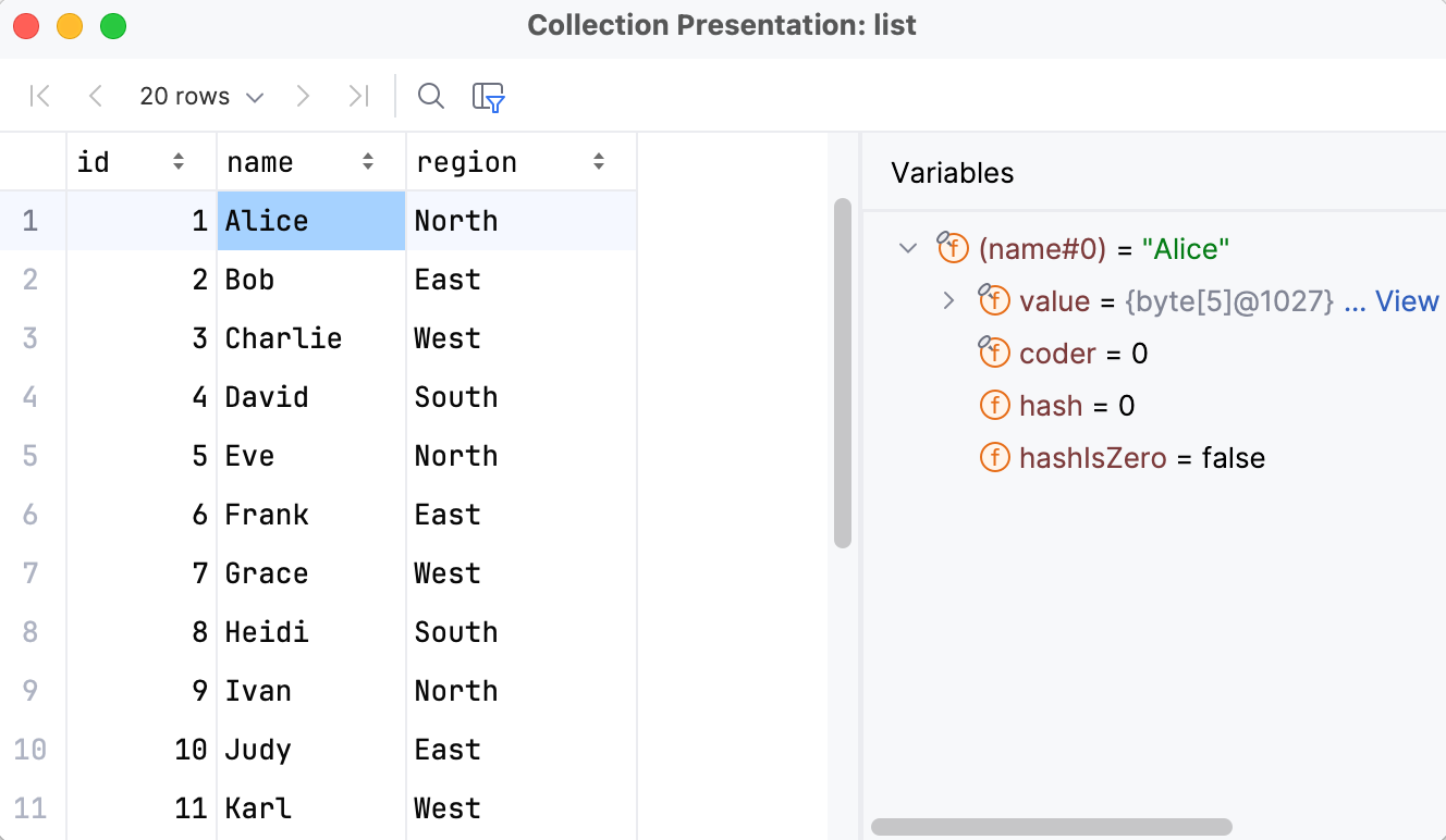 'Collection Presentation' dialog showing entries within a list 'Collection Presentation' dialog showing entries within a list