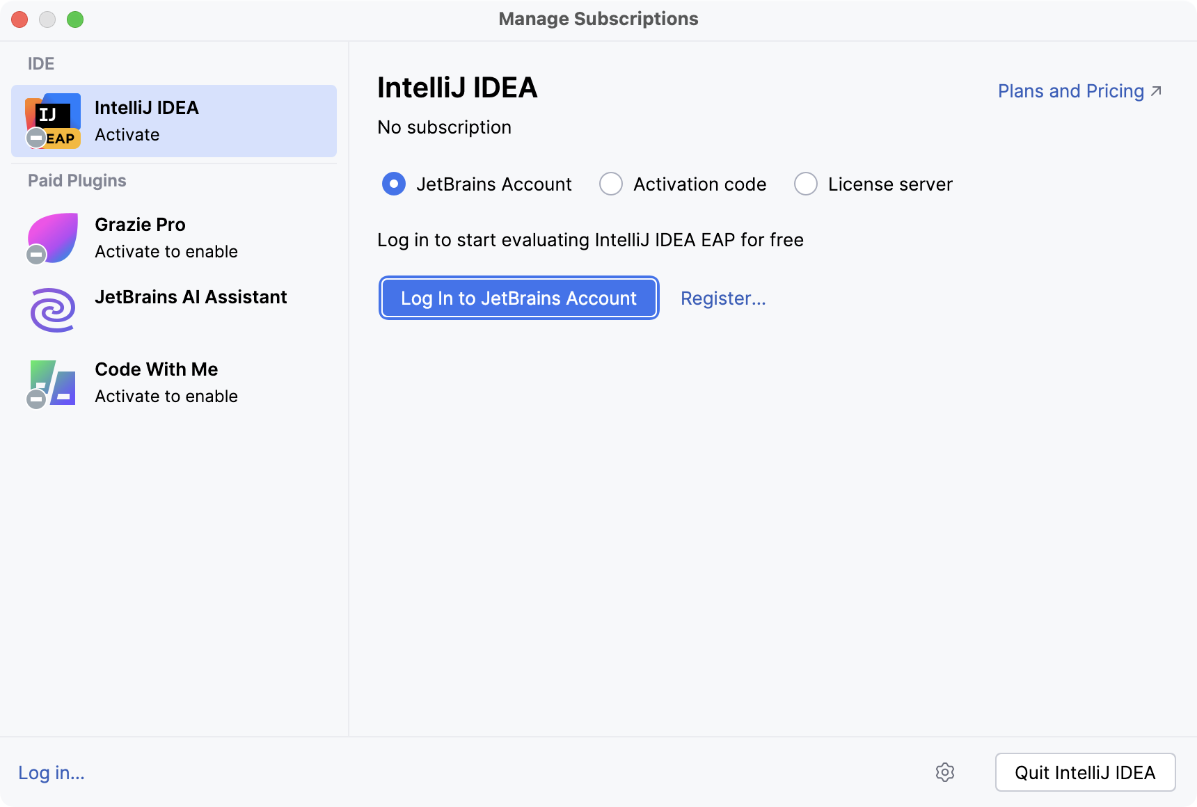 Activate IntelliJ&nbsp;IDEA license with a JB Account