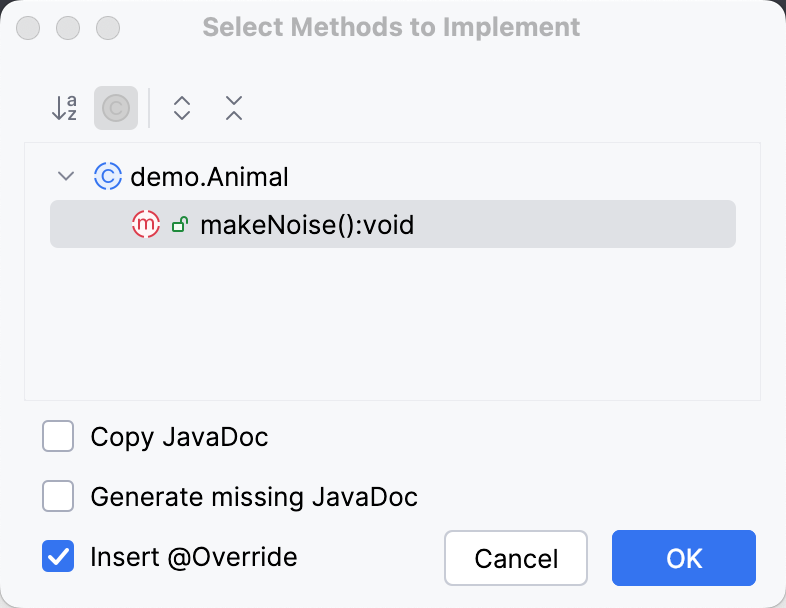 The Choose Methods to Implement dialog The Choose Methods to Implement dialog