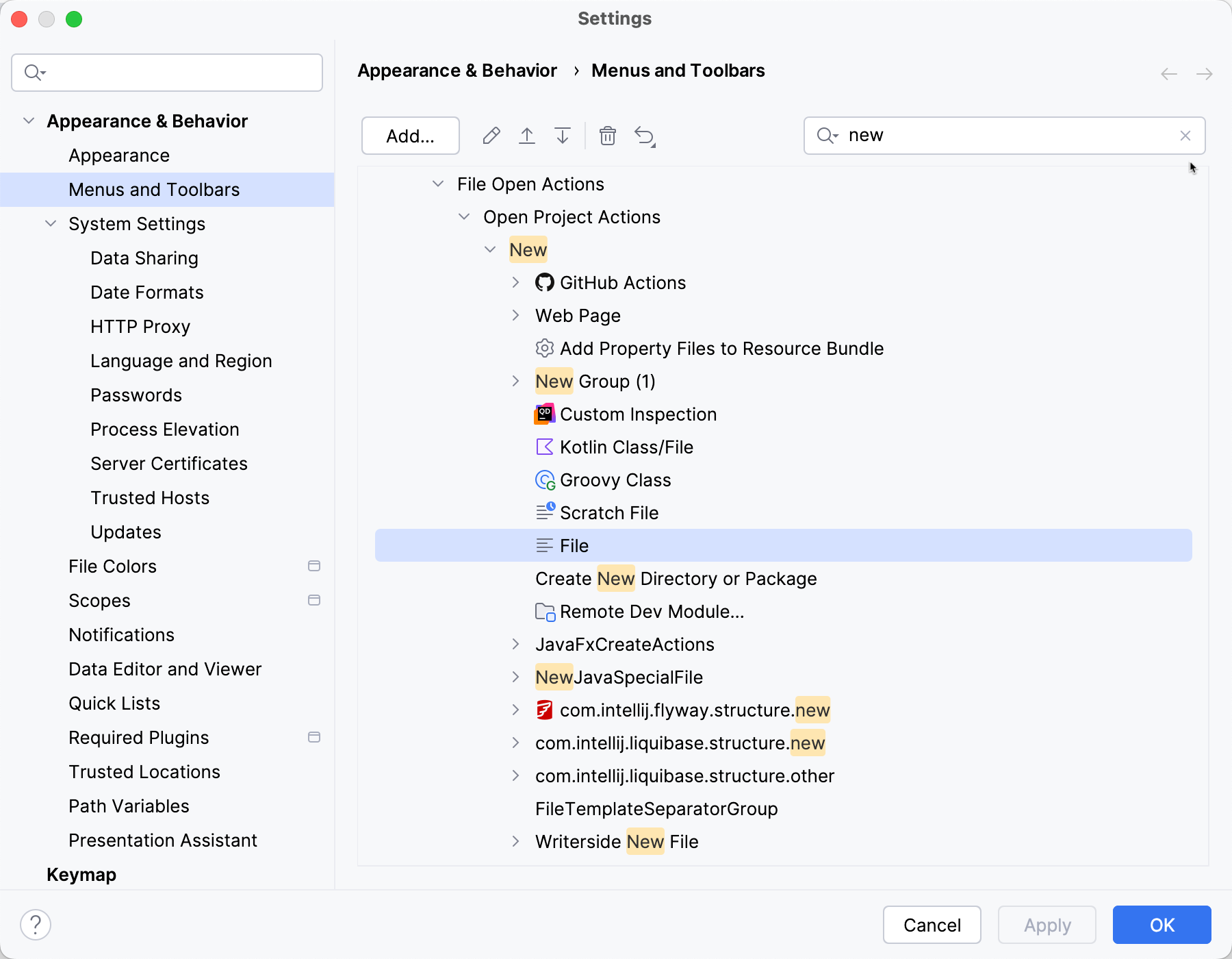 Customizing the New File or Directory menu
