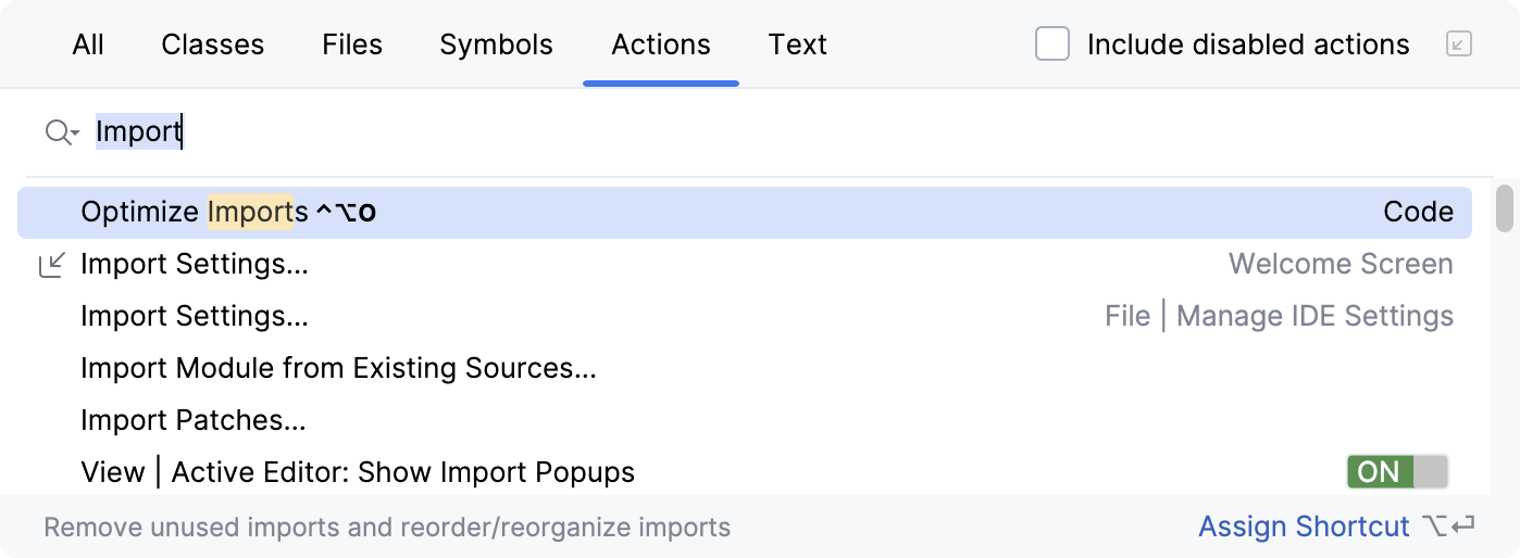 Find Action popup Find Action popup