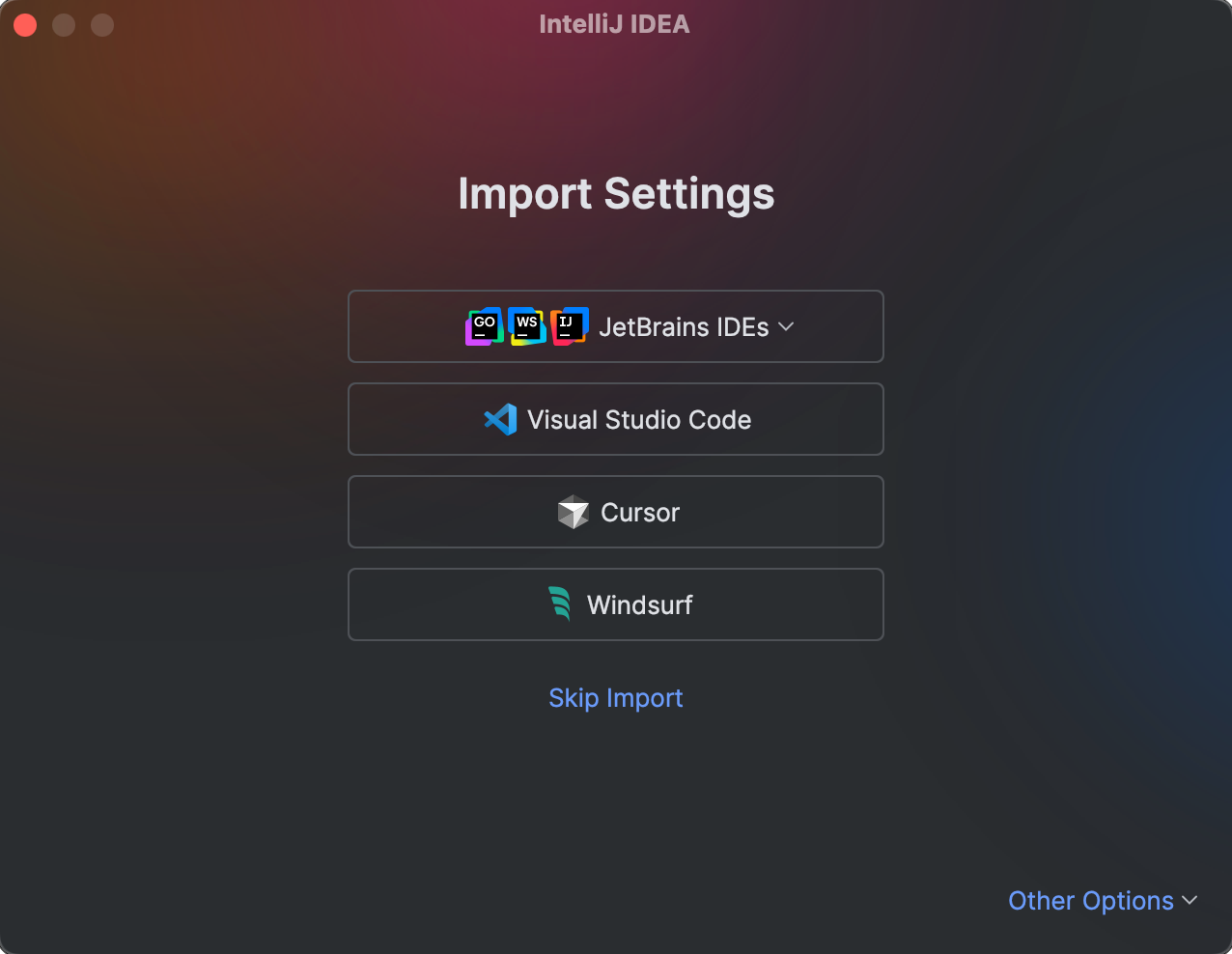 The Import Settings dialog with an option to import settings from Cursor The Import Settings dialog with an option to import settings from Cursor