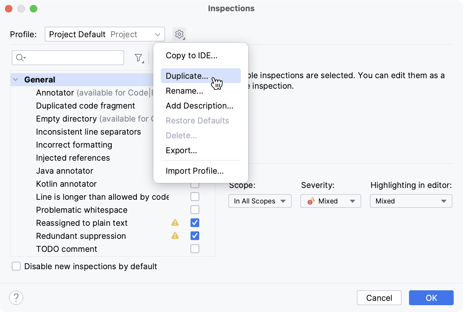 Duplicating a profile Duplicating a profile