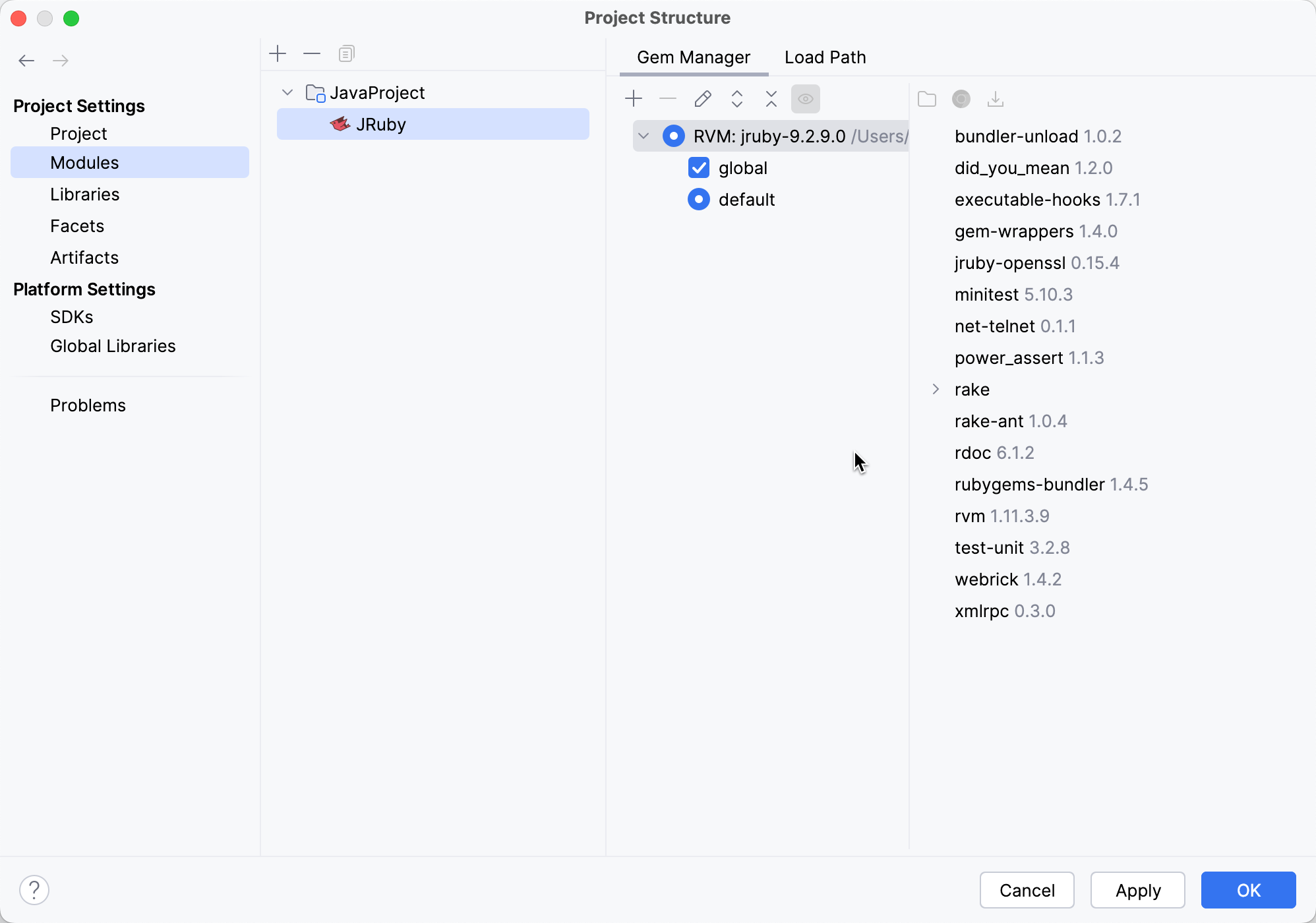 Gem Manager tab with a detected JRuby interpreter