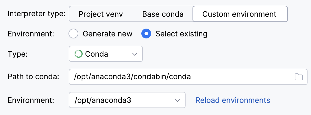 Selecting an existing conda interpreter for a new project Selecting an existing conda interpreter for a new project
