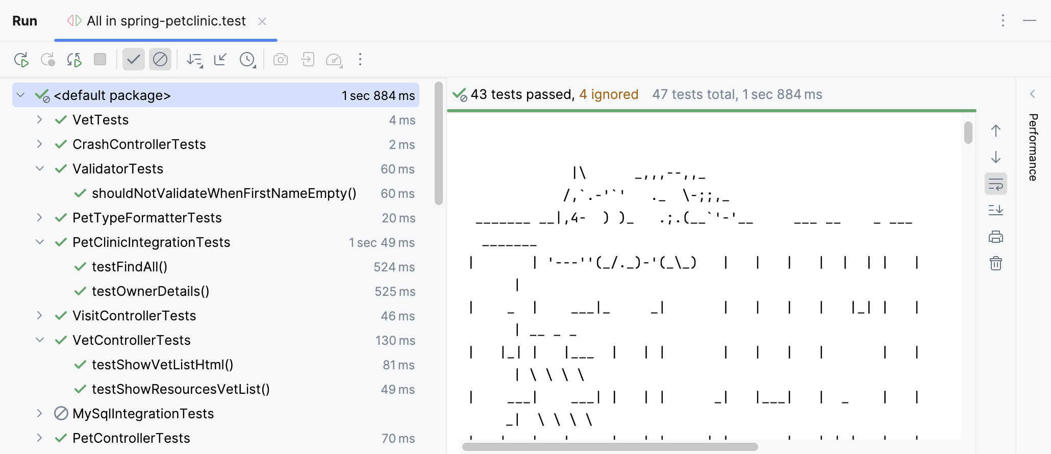 Test results shown on the run configuration tab of the Run tool window Test results shown on the run configuration tab of the Run tool window
