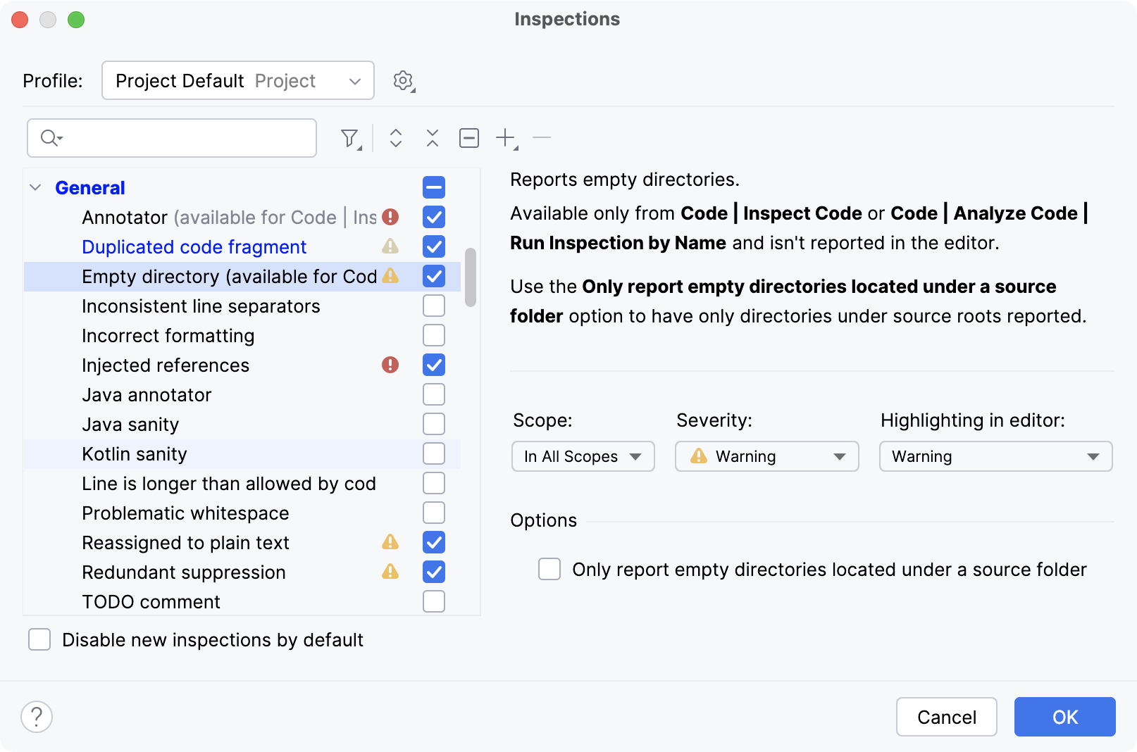 Inspections settings Inspections settings