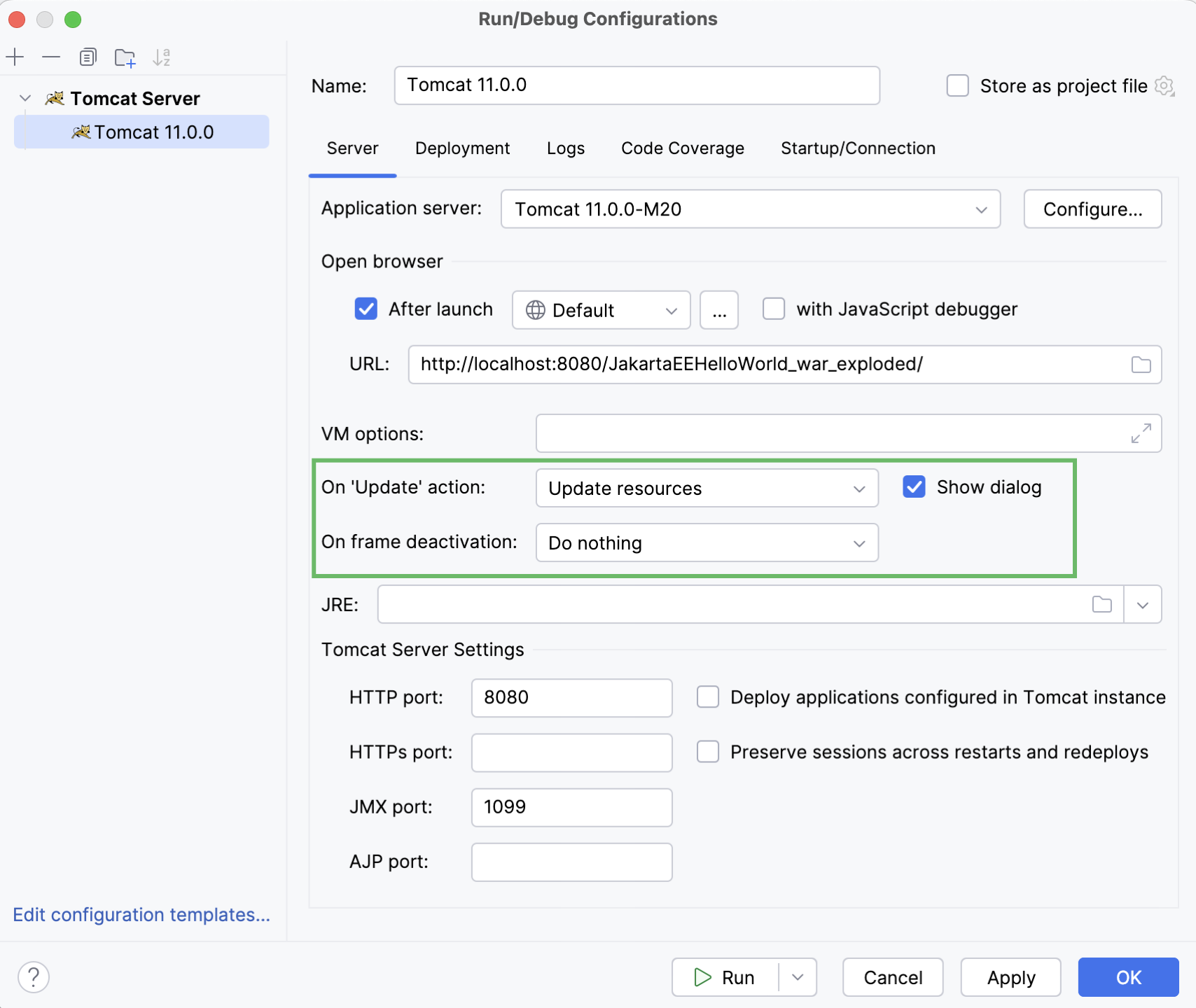 Configure application update actions in the GlassFish run configuration Configure application update actions in the GlassFish run configuration