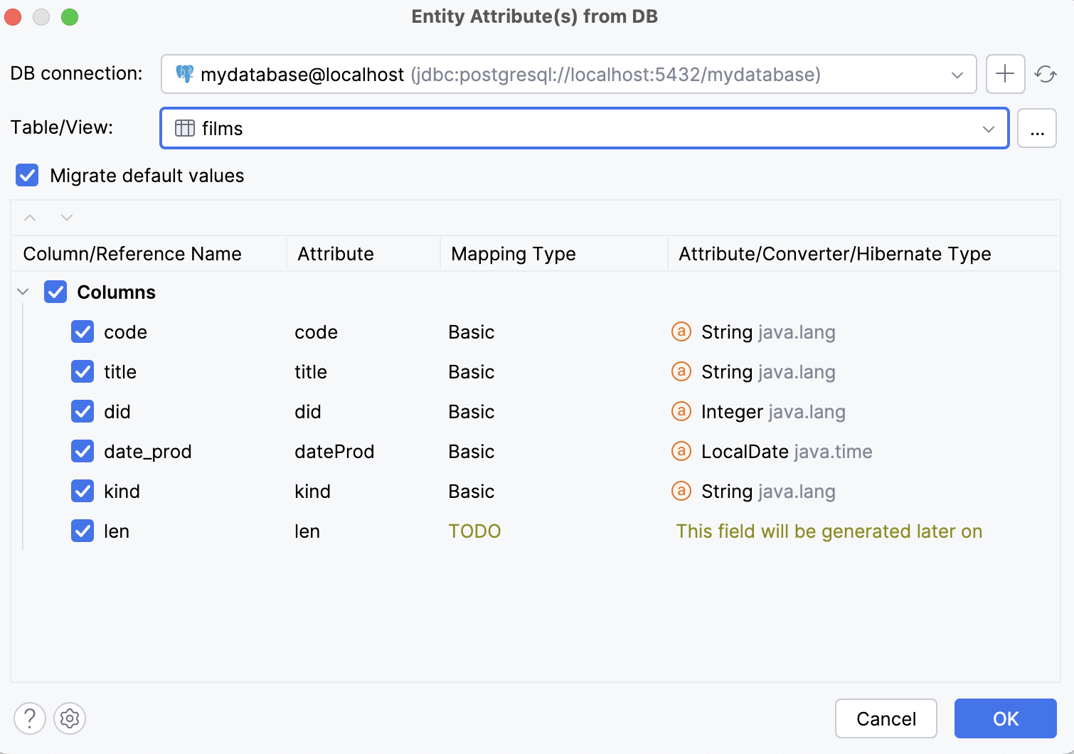 Entity attributes from DB dialog Entity attributes from DB dialog