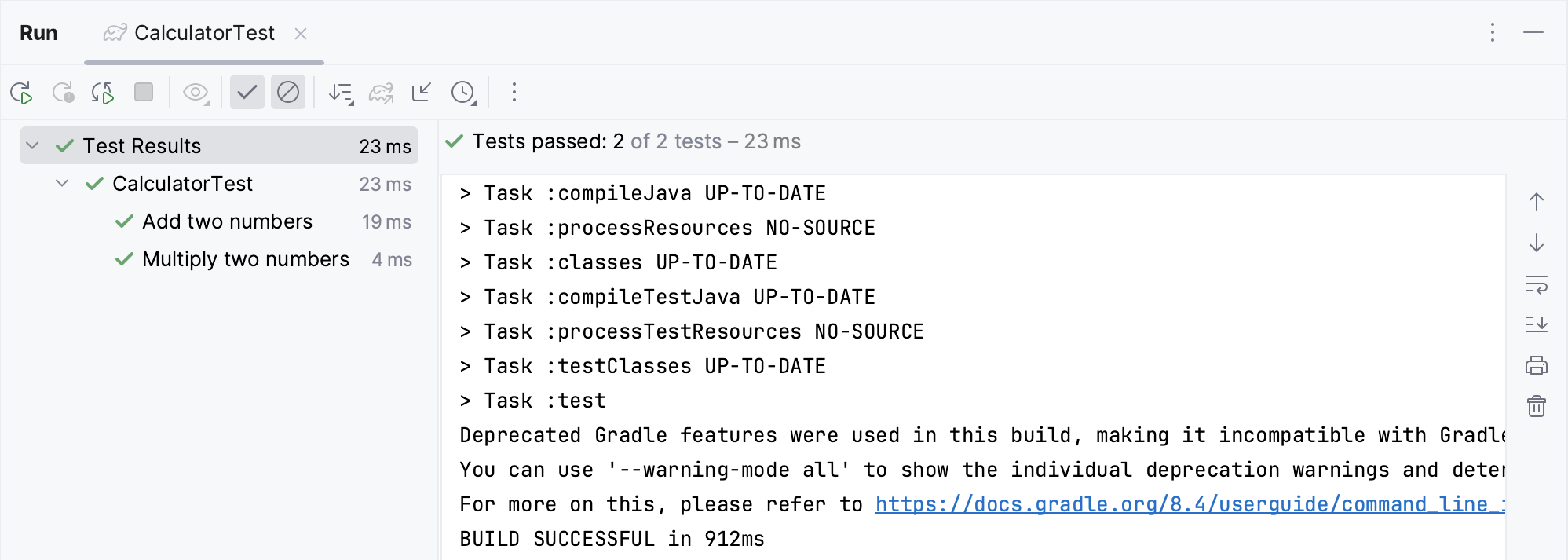 The results of the tests shown in the Run tool window The results of the tests shown in the Run tool window