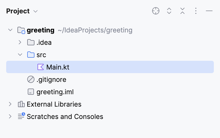 src/main/kotlin/main.kt in the Project tool window src/main/kotlin/main.kt in the Project tool window