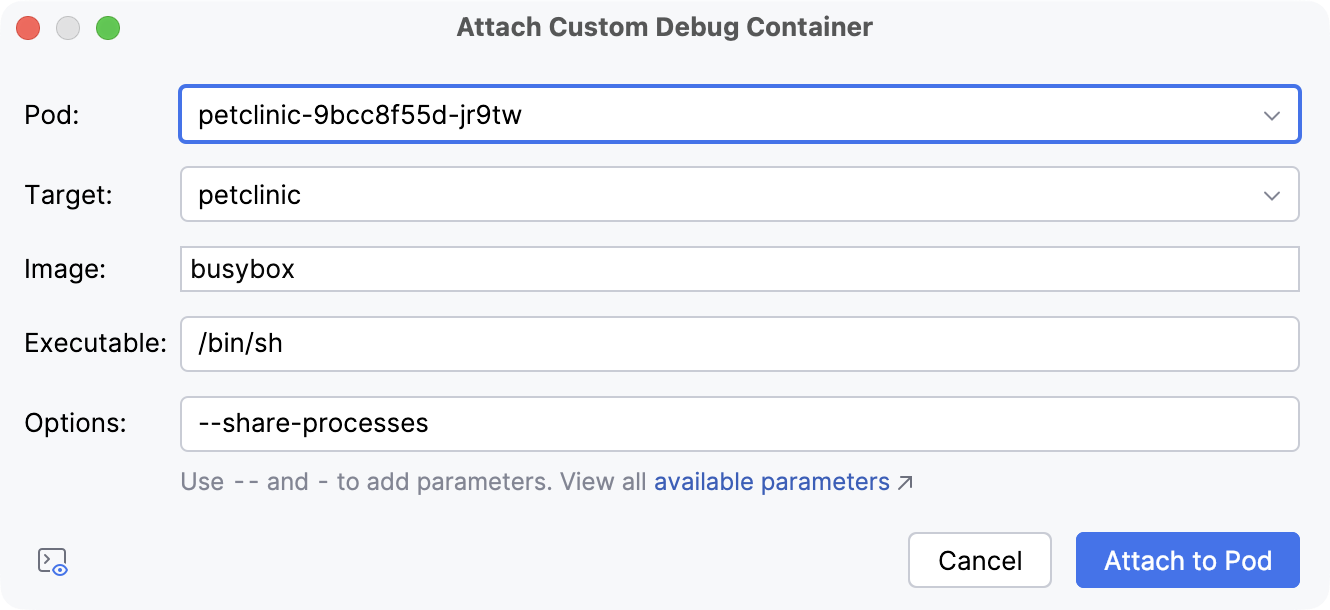 the Attach Custom Debug Container dialog
