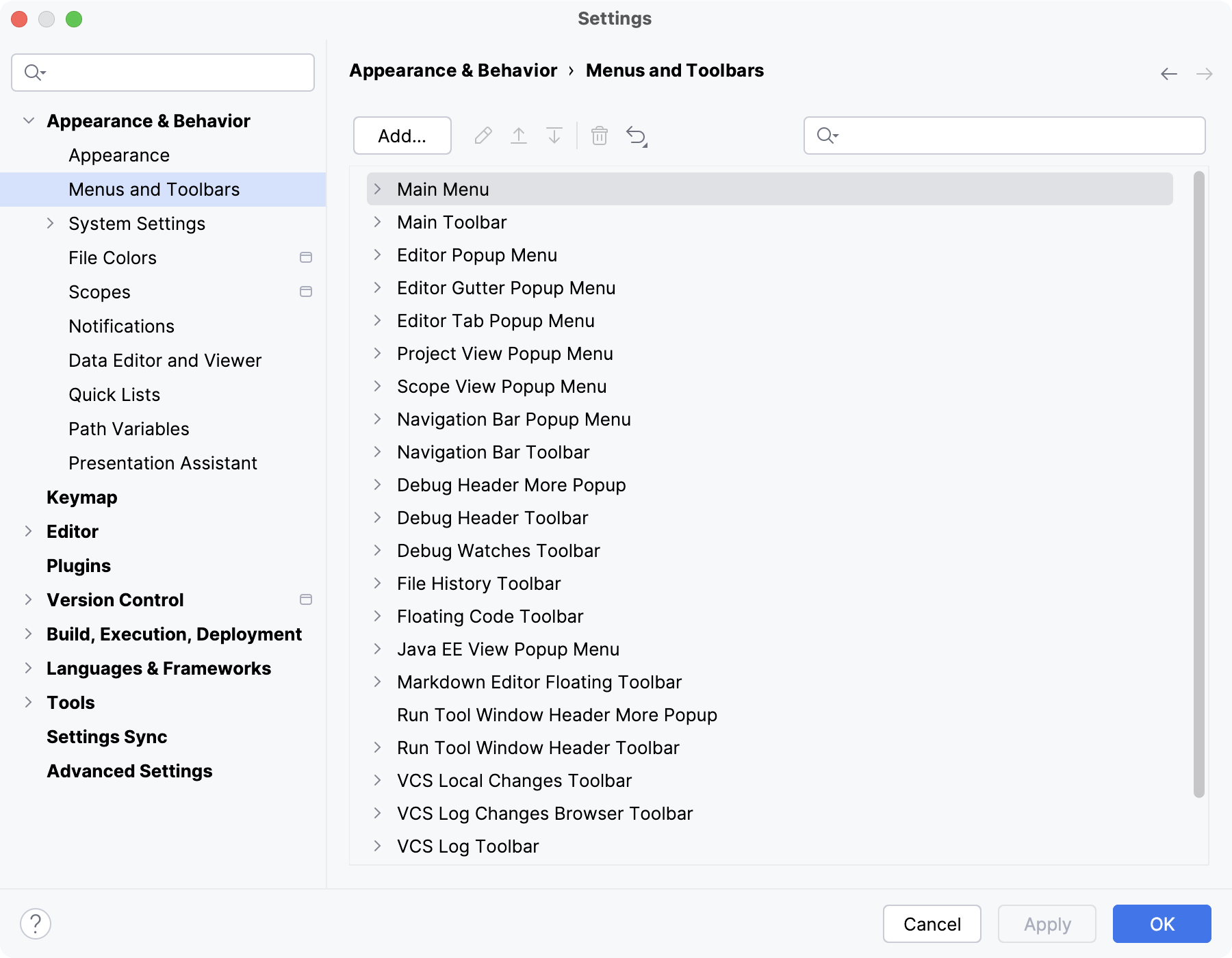 The Menus and Toolbars settings page The Menus and Toolbars settings page