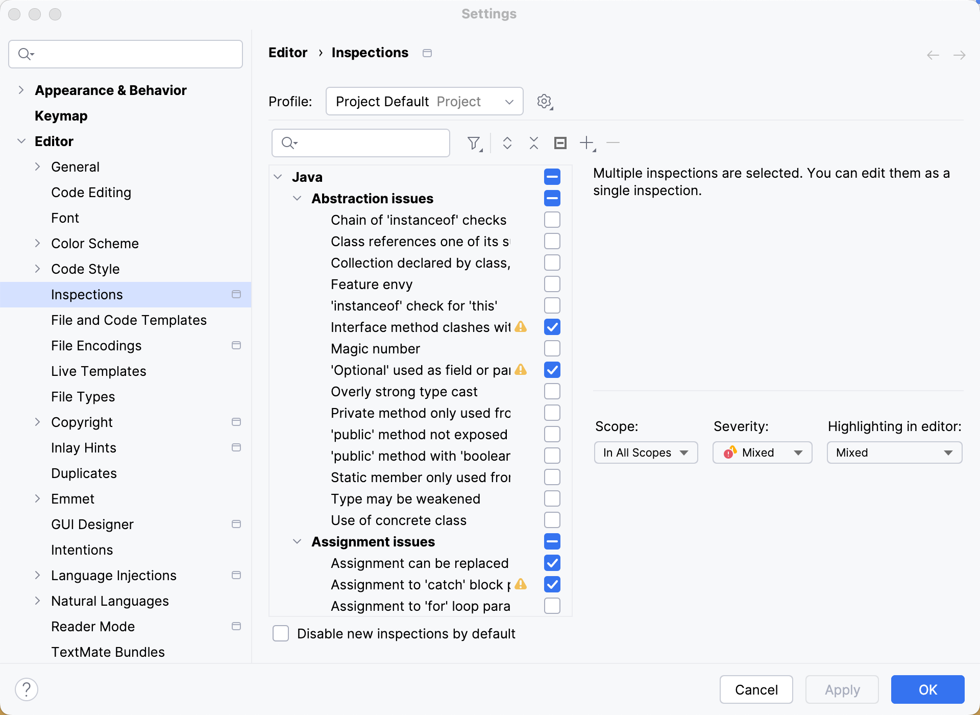 the Inspections dialog the Inspections dialog