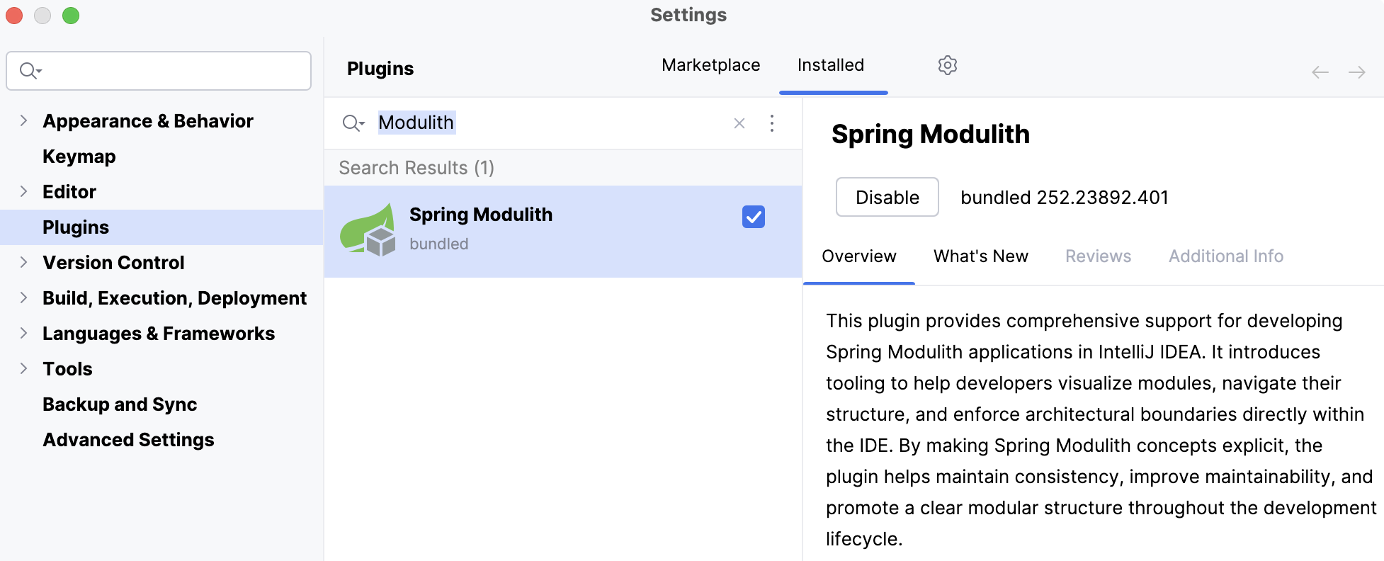 Spring Modulith plugin bundled and enabled Spring Modulith plugin bundled and enabled