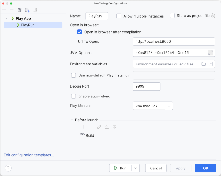Run/Debug Configuration for Play Run/Debug Configuration for Play