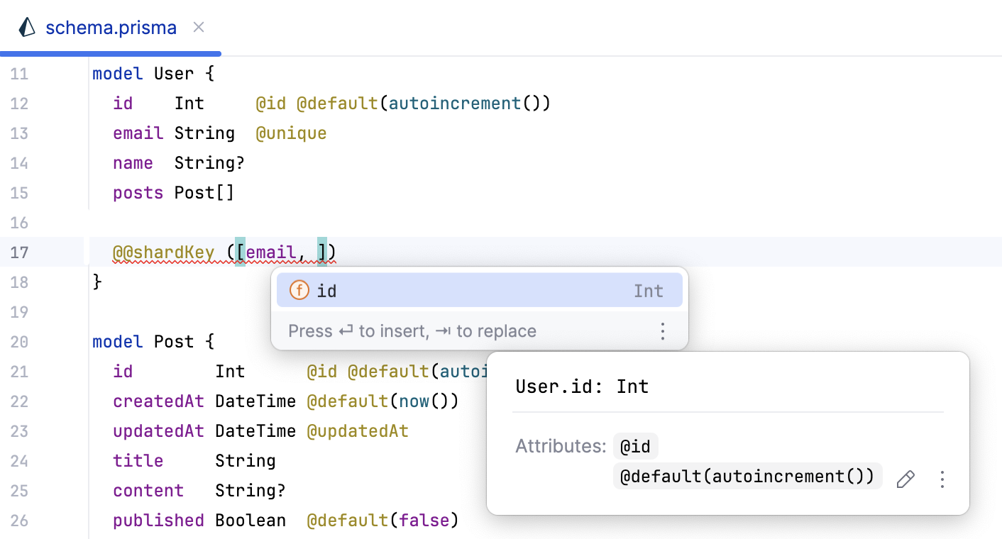 Completion for fields within @@shardKey Completion for fields within @@shardKey