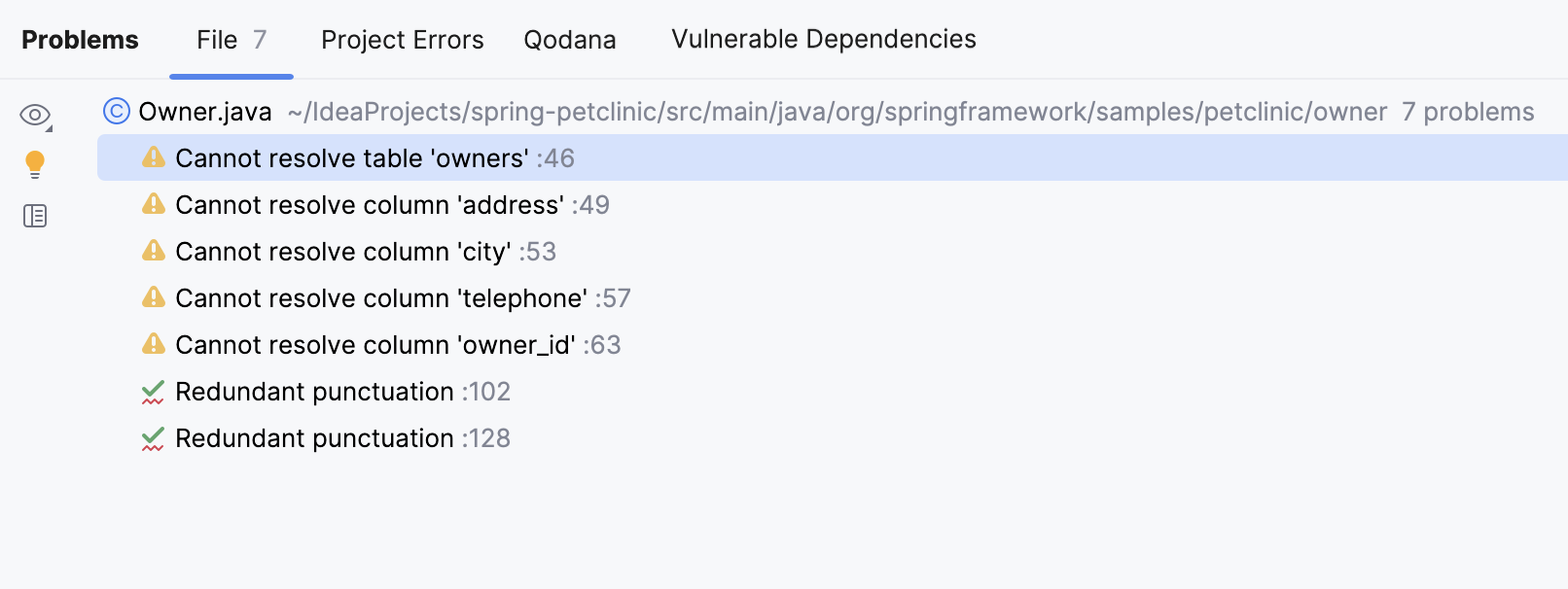 IntelliJ IDEA: Problems tool window. Current File tab