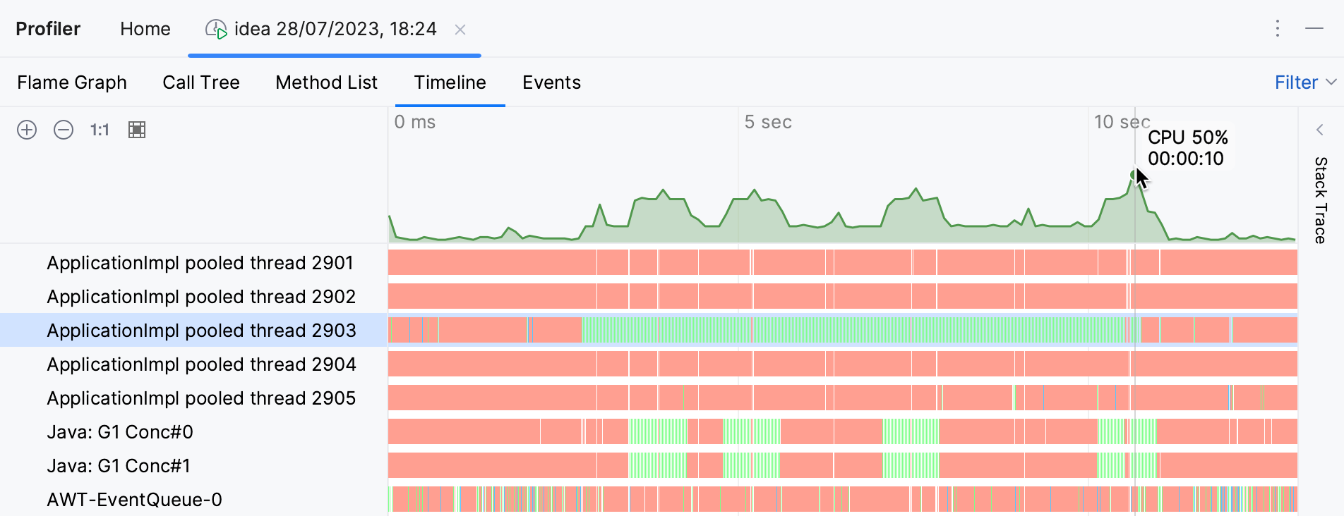 Timeline in the Profiler tool window Timeline in the Profiler tool window