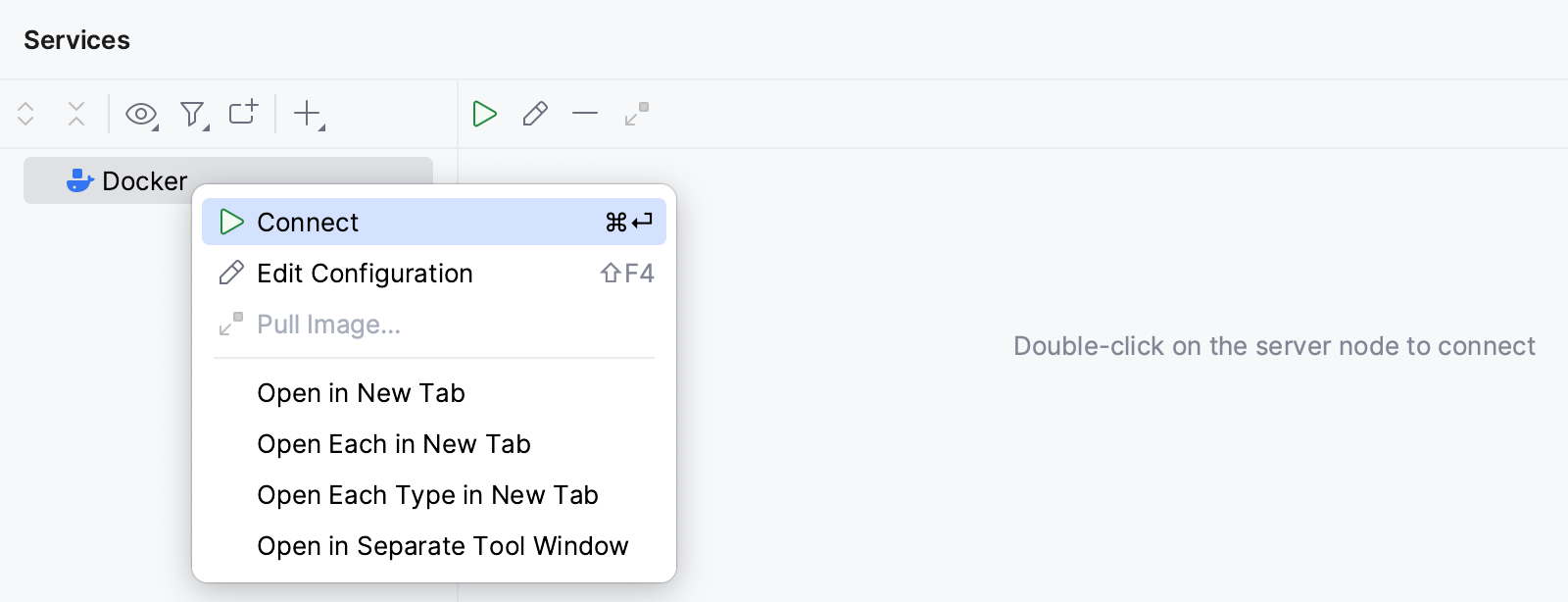 The Services tool window, connected to Docker The Services tool window, connected to Docker