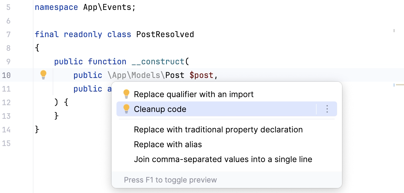 使用快速修复清理代码