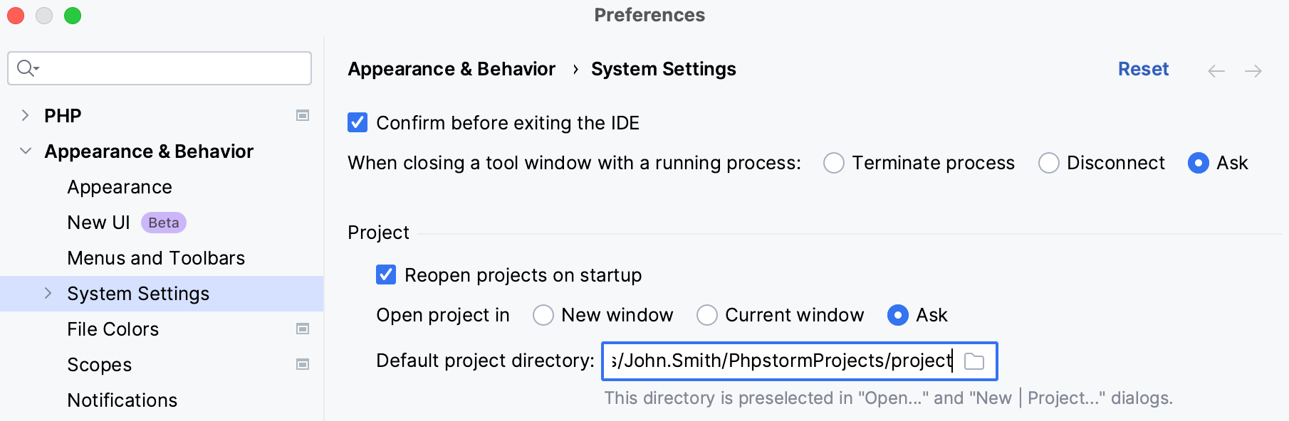 Changing the default location for projects Changing the default location for projects