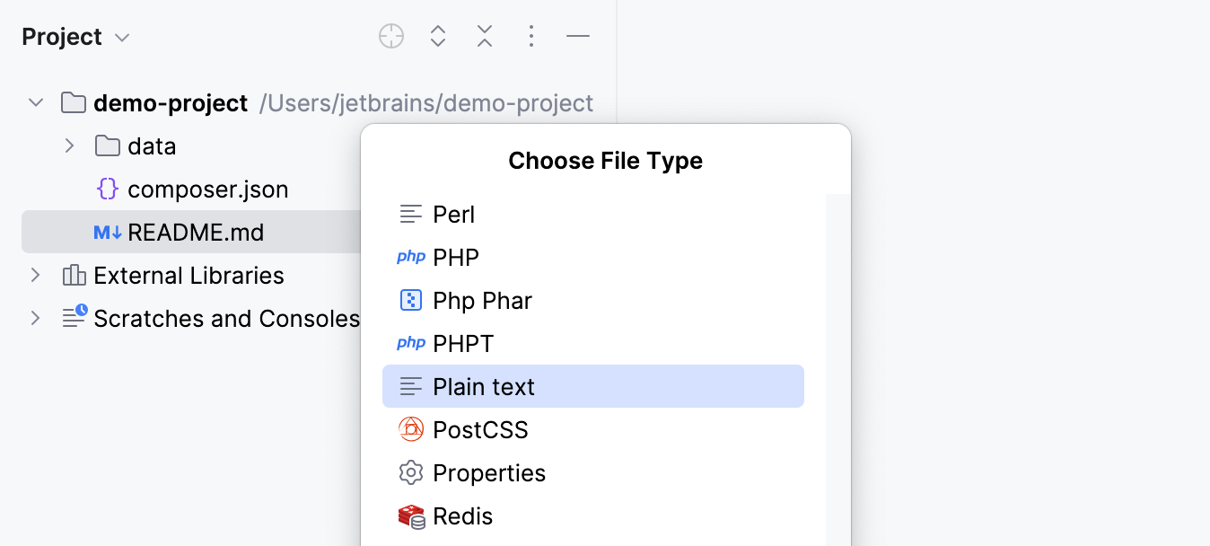 PhpStorm:从项目工具窗口更改文件类型 PhpStorm:从项目工具窗口更改文件类型