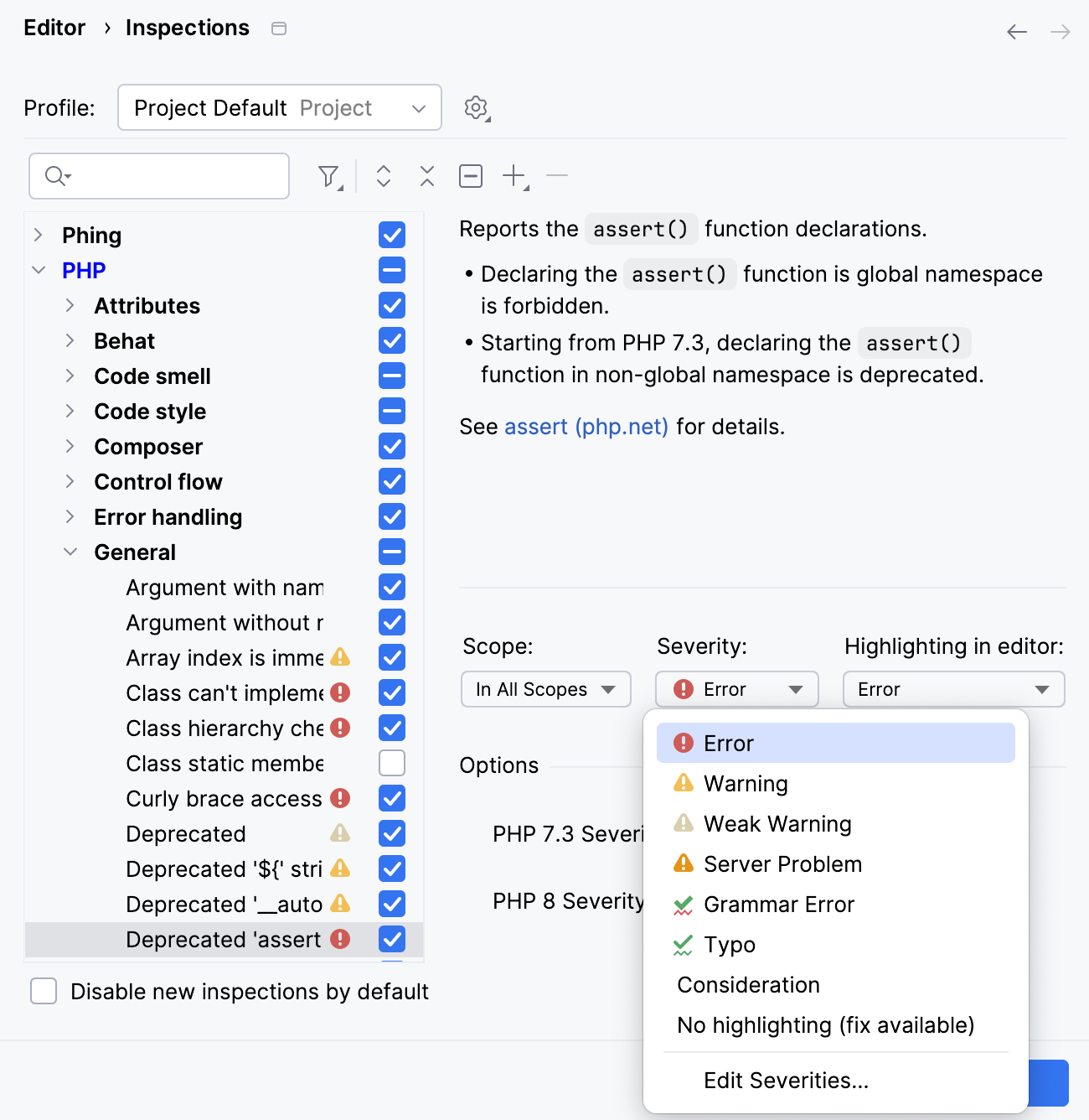 选择检查的严重性级别 选择检查的严重性级别