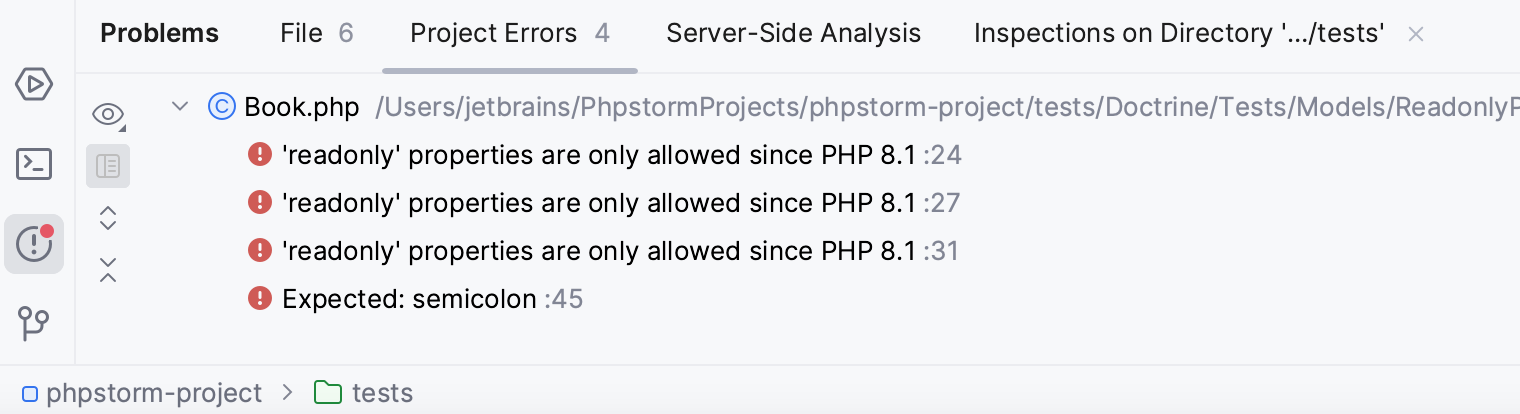 项目错误选项卡